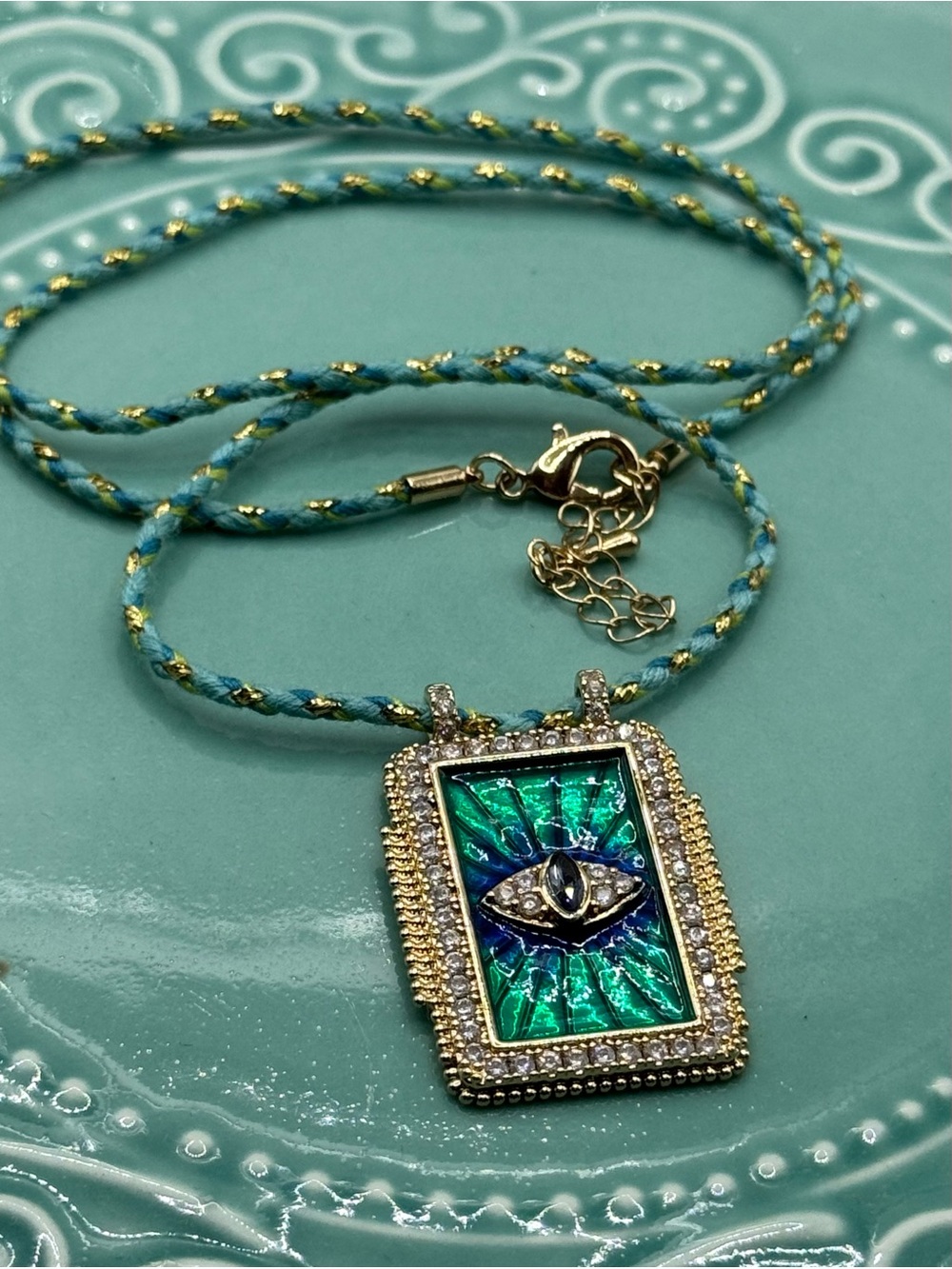 Blue-Eye Boheme HandPainted Gold-Plated Emerald Teal Evil Eye Pendant Necklace